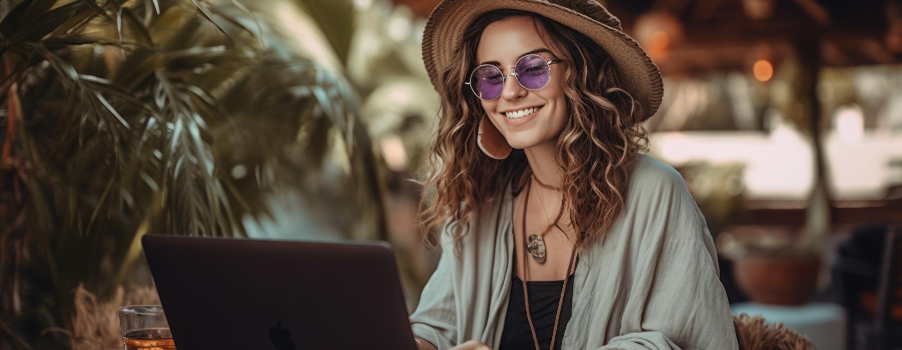 a woman wearing a hat and sunglasses sitting at a table with a laptop