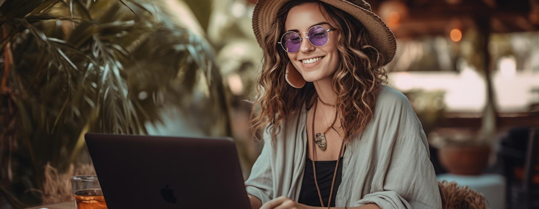 a woman wearing a hat and sunglasses sitting at a table with a laptop